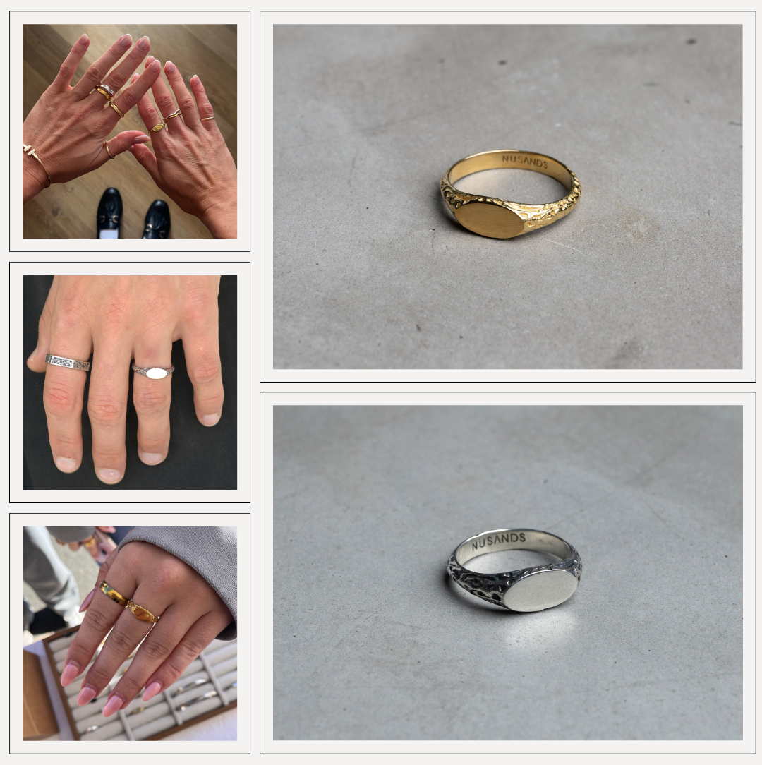 5 photos showing the Mirrored Signet Ring from Nusands in 18K Gold, 925 Sterling SIlver and on 3 different peoples hands, male and female, styled with other jewellery.