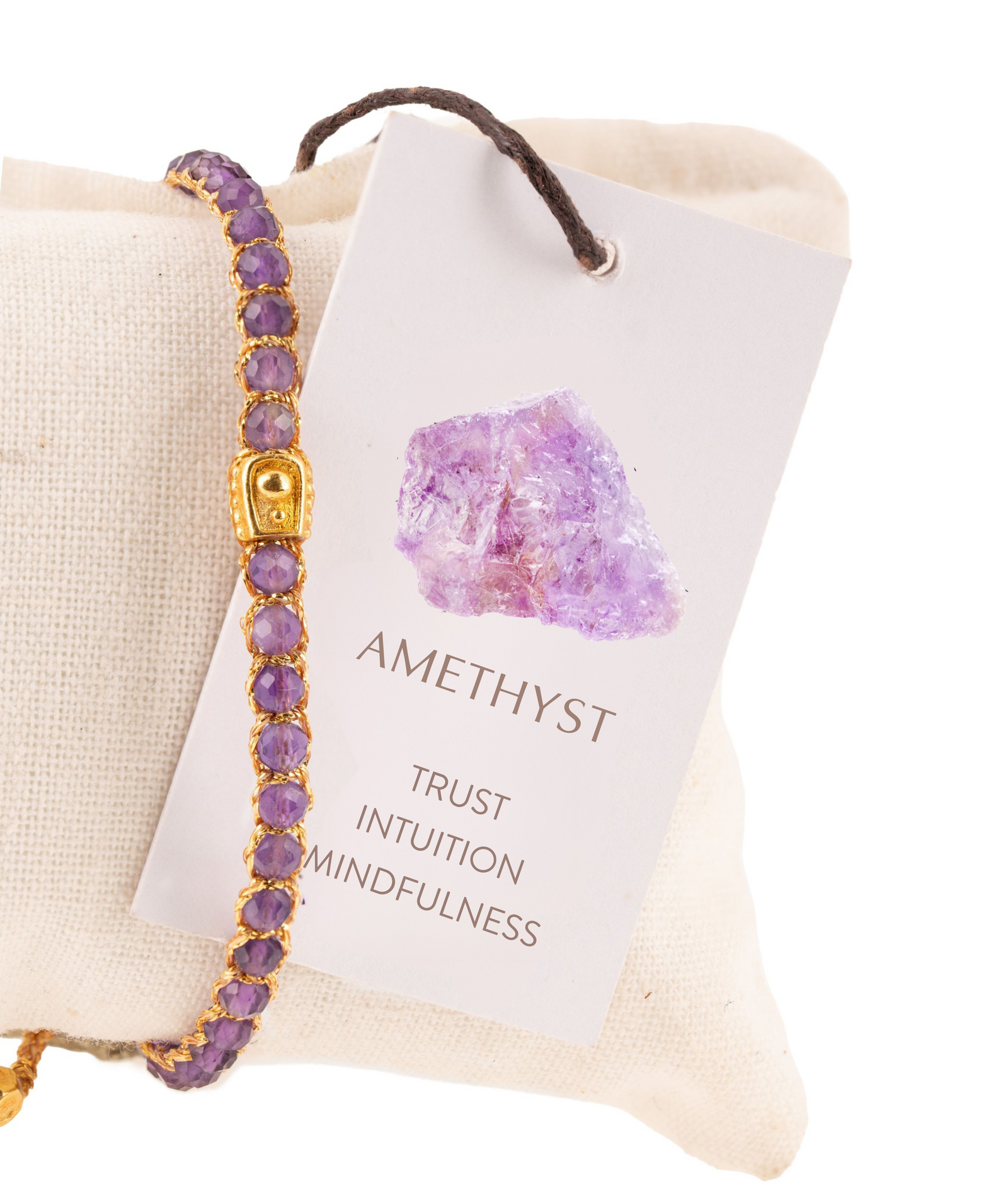 Amethyst bracelet with gold accents on a branded card with amethyst imagery and text.