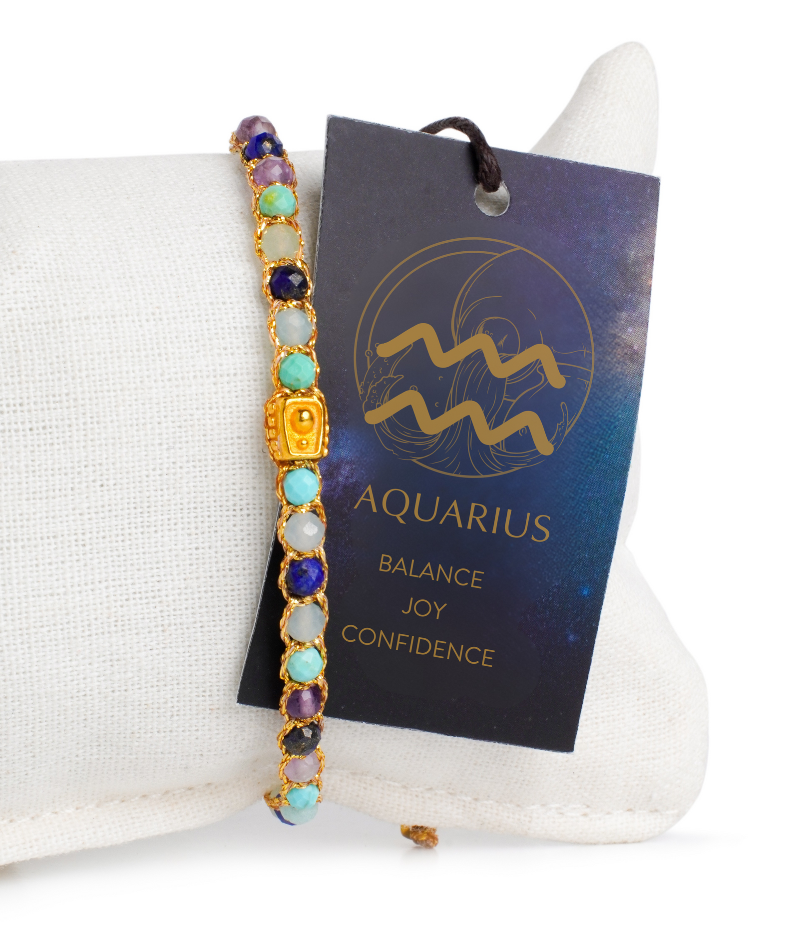 Multicolored beaded bracelet on a stand with an Aquarius zodiac card