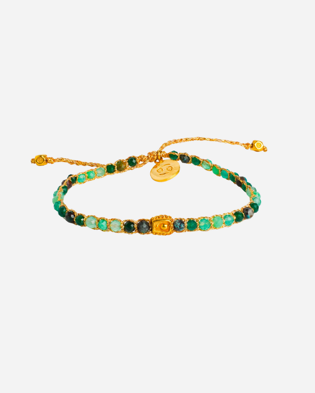 Cancer Crystal Zodiac Gemstone Bracelet with different lighter and darker green gemstones woven in pure silver yarn and plated with 18k gold.