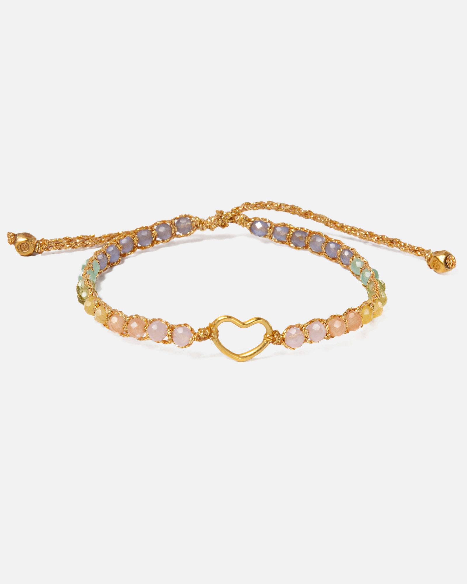 Gold kids bracelet with heart clasp and pastel gemstones on a white background