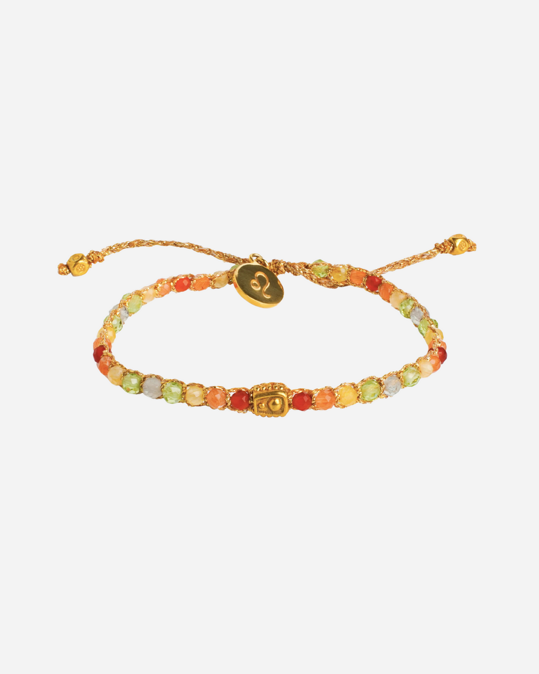 Leo Crystal Zodiac Gemstone Bracelet with orange, yellow, brown, green, and clear gemstones woven in pure silver yarn and plated with 18k gold.