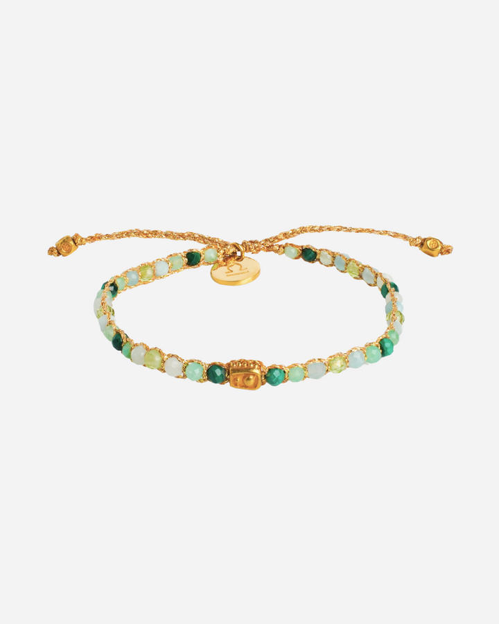 Libra Crystal Zodiac Gemstone Bracelet with different green and blue, aquamarine gemstones woven in pure silver yarn and plated with 18k gold.