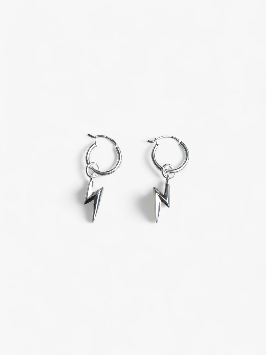 pair of sterling silver hoop earrings with removable lightning bolt charms