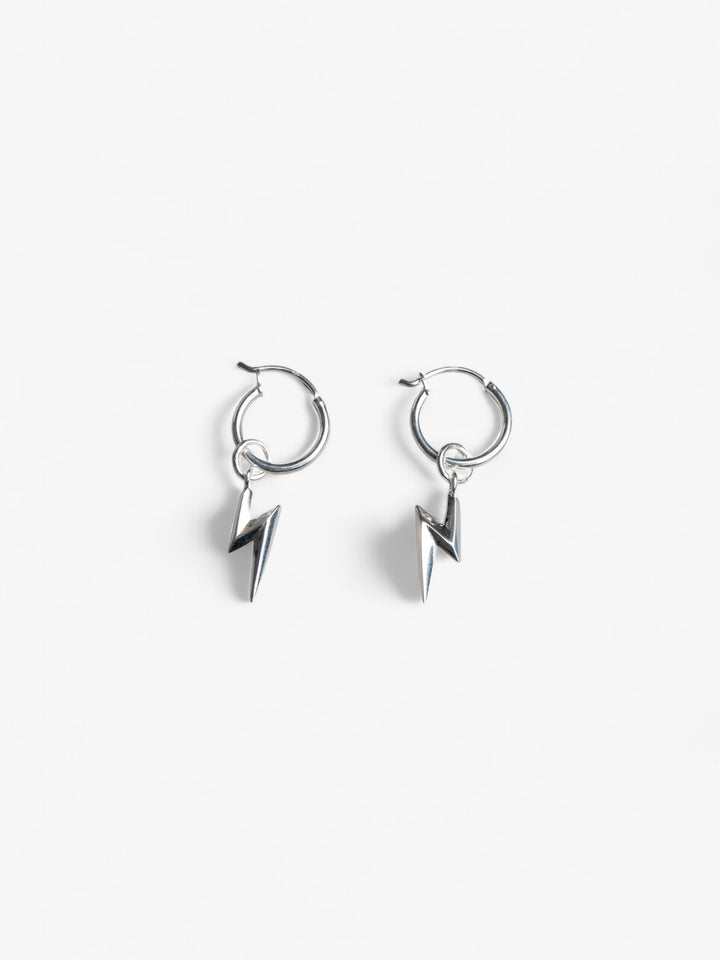 pair of sterling silver hoop earrings with removable lightning bolt charms