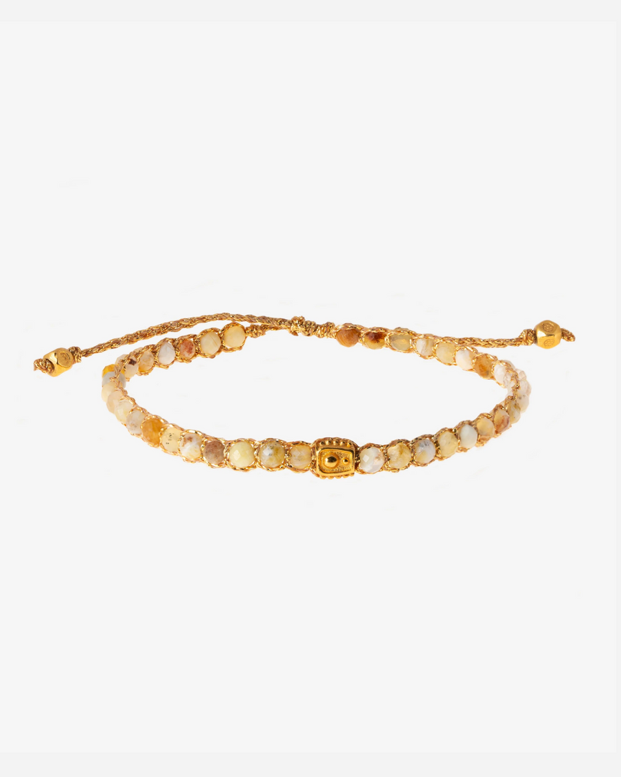 Mexican Opal Crystal Gemstone Bracelet. Brown and gold toned crystals woven in high quality 18k gold yarn enriched with pure silver.