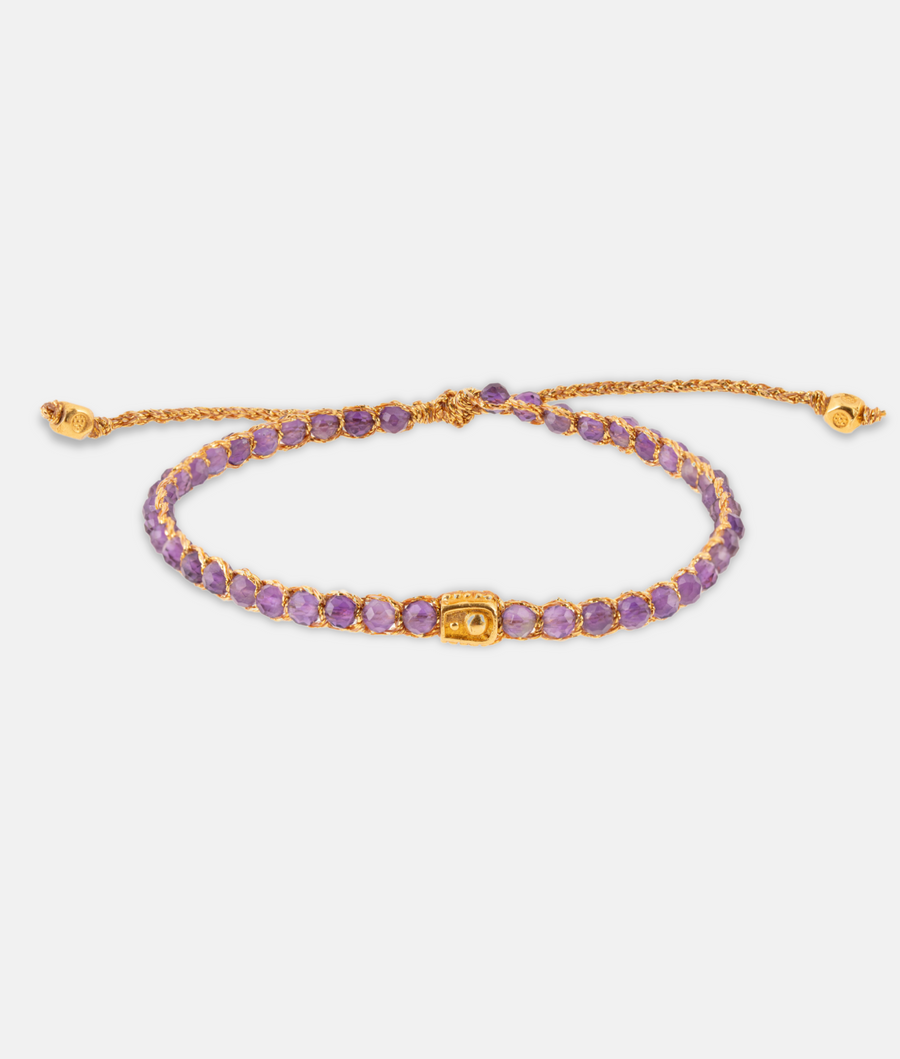 Amethyst Crystal Gemstone Adjustable bracelet strung together with 18K Gold Yarn