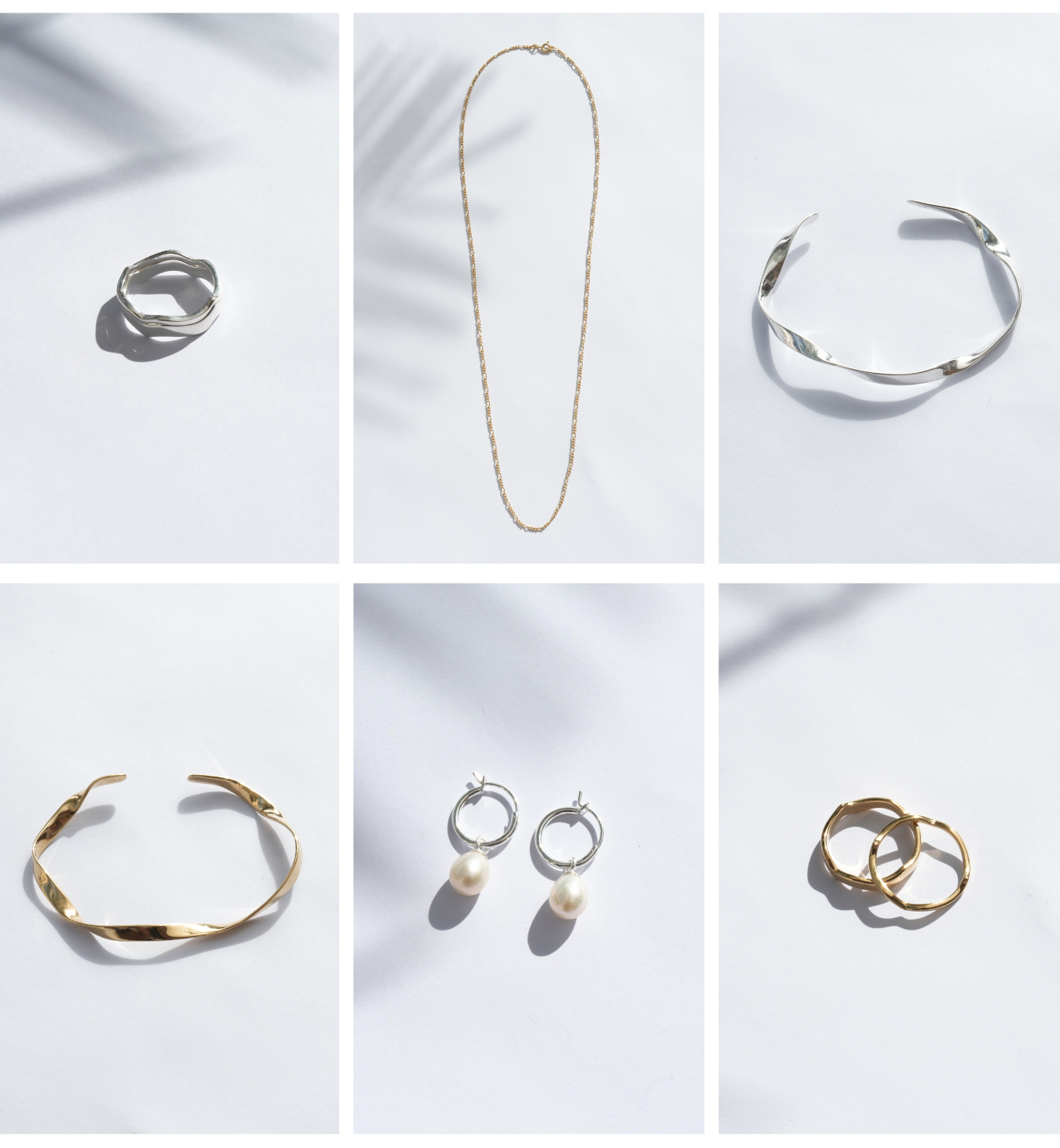 Nusands best sellers broken up into 6 separate photos, stacked sterling silver wave rings, gold thin dainty signature chain necklace, silver wavy modest cuff bracelet, gold wavy modest cuff bracelet, silver freshwater pearl earrings, silver pearl hoops, stacked pair of gold wave rings