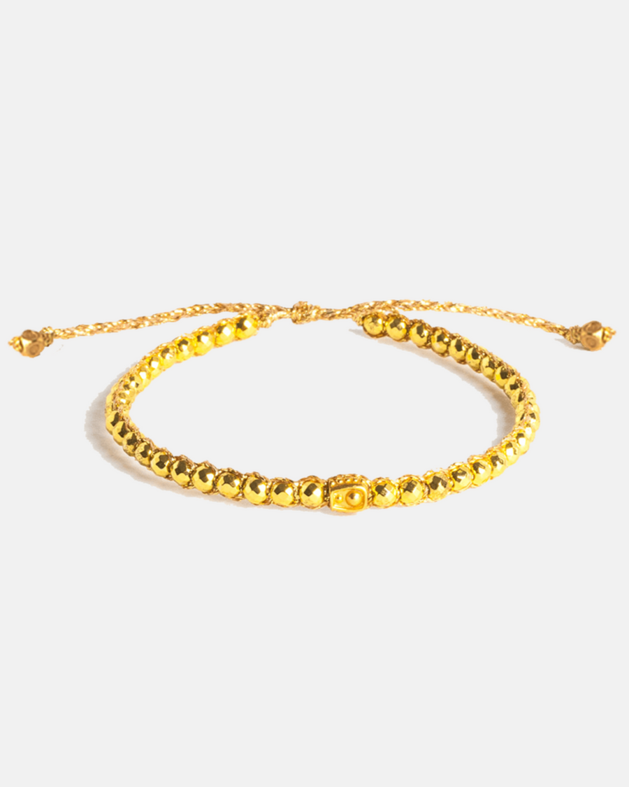 Pyrite Crystal Gemstone Adjustable bracelet strung together with 18K Gold Yarn