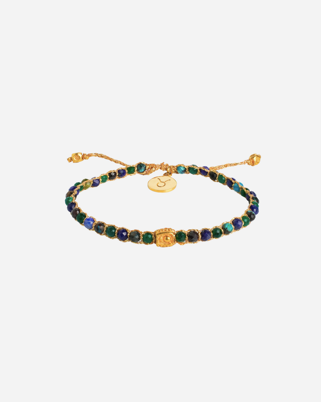 Taurus Crystal Zodiac Gemstone Bracelet with different blue and green gemstones woven in pure silver yarn and plated with 18k gold.