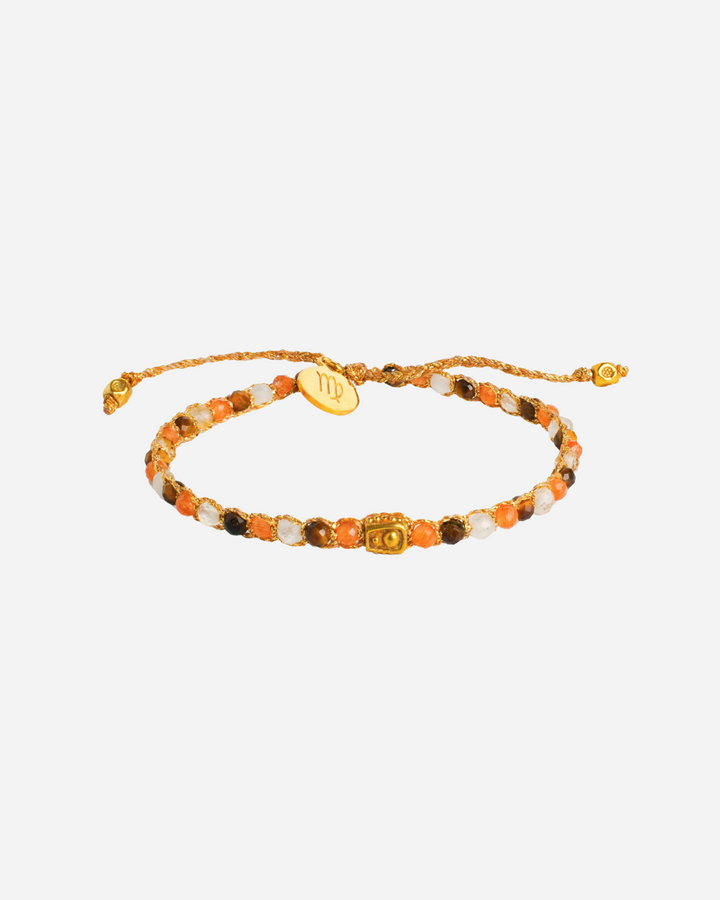 Virgo Crystal Zodiac Gemstone Bracelet with different orange, brown, and clear gemstones woven in pure silver yarn and plated with 18k gold.